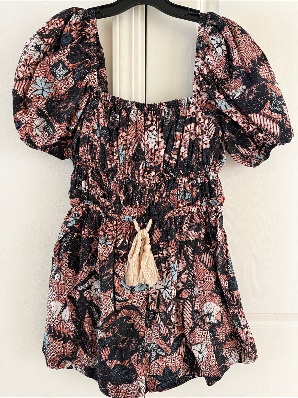 Ulla Johnson Black and Pink Floral Puff-Sleeve Jumpsuit with Tassel Waist